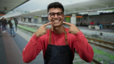 İspanyol bir adam tren istasyonunda kırmızı gömlek ve gözlük takarak gülümsüyor, dişlerini gösteriyor, açık hava treninde neşeli ve davetkar bir atmosfer yaratıyor..