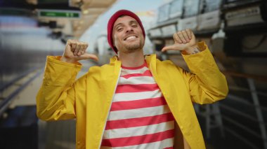 Adam gururla kendini gösterir. Canlı bir sahil limanında sarı bir yağmurluk ve kırmızı bir bere giyer..