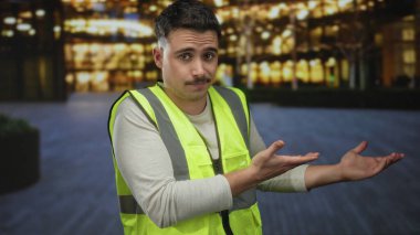 Gece bir şehir caddesinde yansıtıcı yelek giyen genç İspanyol adam şehir ışıklarıyla aydınlatılıyor, yön veriyor ve açık hava ortamında odaklanıyor..