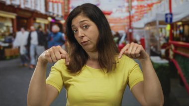 Sarı tişörtlü orta yaşlı İspanyol kadın şehir caddesindeki market tezgahlarını işaret ediyor. Dikkat..