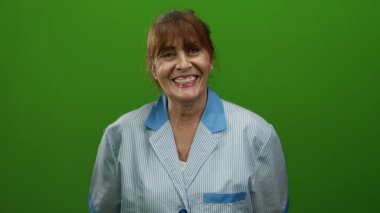 Kıdemli İspanyol kadın temizlik üniforması içinde canlı yeşil arka plana gülümsüyor, sıcaklığını ve dostluğunu profesyonel bir ortamda iletiyor..