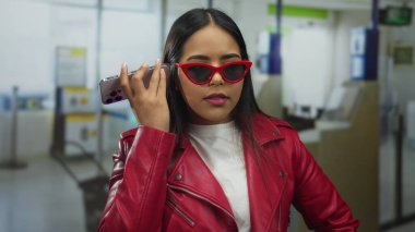 Havaalanında genç Latin turist terminalde beklerken bir kadın havaalanında telefon görüşmesi yapıyor..