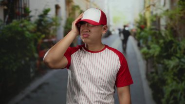 Kırmızı çizgili beyzbol üniformalı genç adam hareketli bir şehir caddesinde duruyor yeşil ve yayaların bulanık arka planına sahip şehir atmosferini yakalıyor..