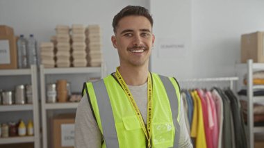 Yansıtıcı yelek giyen genç adam bir hayır kurumunda gönüllü olarak çalışıyor. Etrafı organize raf ve kıyafetlerle çevrili. Toplum hizmeti ve cömertlikle dolu..