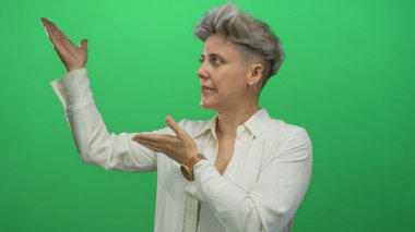Kısa saçlı, beyaz gömlekli, elleri havada ve yeşil stüdyoda konuşan bir kadın..