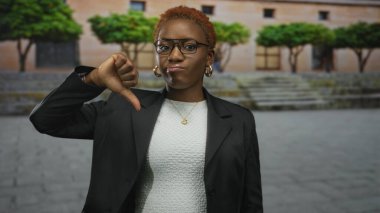 Kadın, güneşli eski şehir sokağında arkasında duvar inşaatı olan baş parmak hareketi gösteriyor; onaylamıyor.