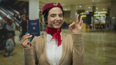 Alman pasaportlu İspanyol bir uçuş görevlisi, kapalı hava alanında iyi bir jest yapıyor..