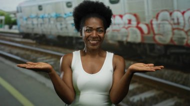 Yüzü açık tren istasyonunda gülümseyen bir kadın, tren ve demiryolu ile hareket halinde, canlı bir şehir ortamında neşeli bir seyahat ortamı sergiliyor..