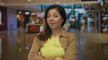 Orta yaşlı, kahverengi ceketli ve sarı gömlekli bir kadın alışveriş merkezinin orta yerinde kolları çapraz duran bir kadın..