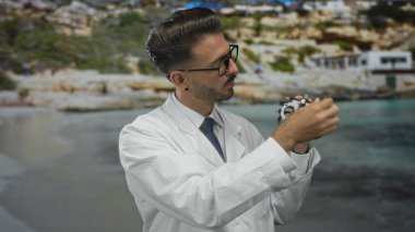 Beyaz laboratuvar önlüğü giyen adam, deniz kenarı binası yakınlarındaki metal deneme lenslerini ayarlıyor..