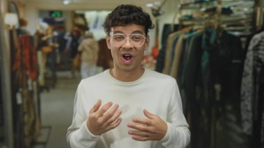 Gözlüklü genç İspanyol adam perakende satış reyonunda gülüyor sıcak ışıklar altında; neşe.