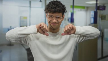 Beyaz süveter giyen adam, havaalanı salonunda kaşlarını çatmış bir ifadeyle baş parmağını kaldırıyor; onaylamıyor.