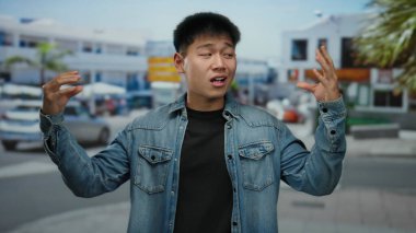 Kot ceketli genç adam güneşli bir günde bulanık kentsel çevre tarafından çerçevelenmiş düşünceli bir ifadeyle şehir caddesinde dikiliyor..