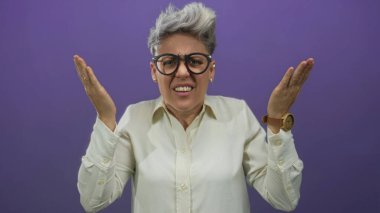 Kısa gümüş saçlı ve yuvarlak gözlüklü beyaz kadın stüdyoda elini kaldırdı ve kaşlarını çattı..