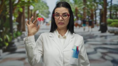 Gözlük takan ve laboratuvar önlüğü giyen bilim kadını güneşli bir sokakta test tüpünü inceliyor..