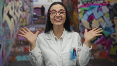 Beyaz üniformalı kadın bilim adamı canlı graffiti geçmişiyle heyecan içinde sokakta duruyor. Etrafı şehir sanatı ile çevriliyken neşe ve coşkuyu ifade ediyor..