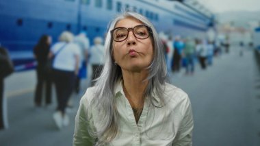Gri saçlı yaşlı bir kadın limanda komik bir surat yapıyor, deniz kenarında bir yolcu gemisinin yanında duruyor, denizcilik ortamında neşe ve neşe ifade ediyor..
