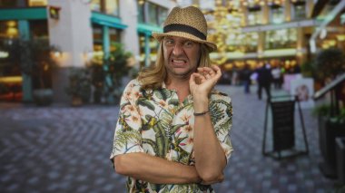 Sarışın adam hasır şapka ve tropikal gömlek giyer kolları çapraz ve elleri çene üzerinde ayakta durur; tiksinti hüsranı.