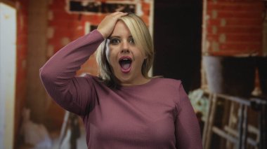 Kadın, görünürde tuğla duvarlar ve yapı iskeleti olan tamamlanmamış inşaat binasının içinde el ele tutuşuyor..