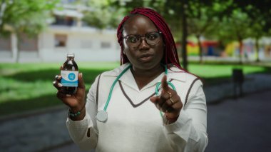 Kadın Afro-Amerikalı doktor güneşli bir parkta ilaç şişesi tutuyor, steteskop takıyor ve dışarıda ilaç detaylarını anlatıyor..