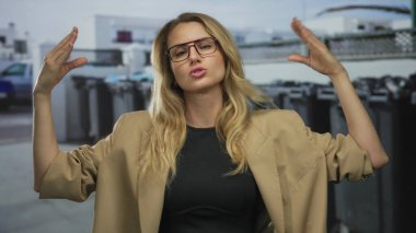 Bir şehir caddesinde, gözlüklü ve şık bej ceketli bir kadın açık hava kentsel ortamında canlı bir mesaj iletiyor..