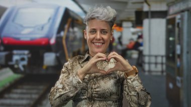 Demiryolu yapımında elleri kırmızı trenin önünde kalp hareketi yapan kadın gülümsüyor; neşe.