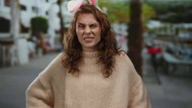 Şehir sokaklarında gülümseyen ve kaşlarını çatan tavşan kulaklı bir kadın açık havada neşeli mizah ve zıt duyguları somutlaştırıyor..