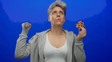 Mavi bir stüdyoda elinde bir kilogram dambıl tutan ve waffle yiyen kısa boylu bir kadın. Kararlılık dengesi..