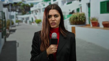 Sunny Caddesi 'nde mikrofon tutan kadın muhabir gazetecilik ve hava durumunu aktarıyor..