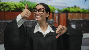 Yargıç cüppeli genç İspanyol kadın. Baş parmaklarını yukarı aşağı gösteriyor. Canlı bir arka planla şehirde ikiliği yakalıyor..