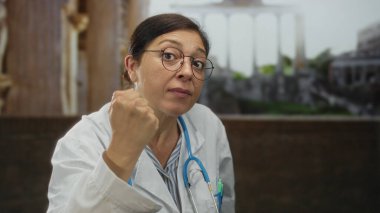 Steteskoplu orta yaşlı kadın doktor Roma harabelerine yumruk attı. Gün ışığında bina yıkıldı. Kararlılık direnci..