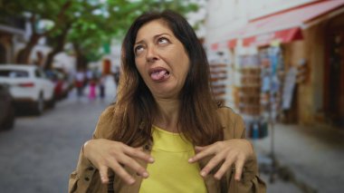 Orta yaşlı kadın kaşlarını çatıyor ve hatıra tezgahlarının yanındaki işlek cadde pazarında çenesini sıkıyor. Üzüntü..