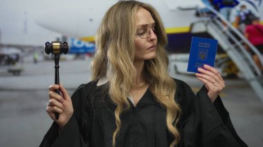 Ukrayna pasaportu ve tokmak taşıyan hakim üniformalı kadın havaalanı terminalinin önünde duruyor. Hukuk, seyahat ve kimlik doğrulama temaları öneriyor..