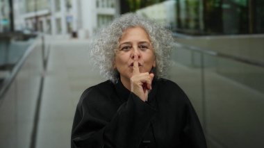 Kıvırcık gri saçlı kadın şehir sokaklarında sessizlik için el kol hareketi yapıyor..