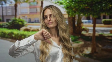 Parkta uzun sarı saçlı, gözlüklü, beyaz gömlekli yeşil ağaçlı ve binalı bir kadın. Onaylamadığını gösteriyor..