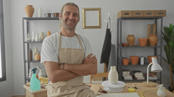 Man standing with crossed arms beside ceramic vase in pottery studio; creativity focus confidence pride.