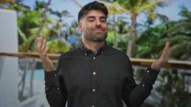 Genç İspanyol adam, açık havada palmiye ağaçlarıyla mavi havuz kenarında el kaldırıyor. Sürpriz..