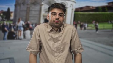 Gözlüklü ve sıradan tişörtlü İspanyol genç adam, kafası karışmış bir ifadeyle yan yana duran kule binasının yanında omuz silkiyor..