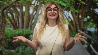 Yeşil yeşilliklerle kaplı bir parkta, açık avuçlarla gülümseyen bir kadın; keyif sıcaklığı memnuniyeti.