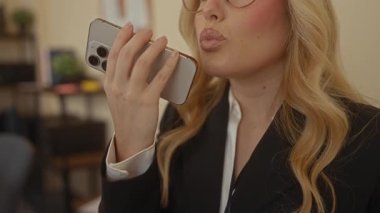 Modern ofis ortamında sesli mesaj için akıllı telefona konuşan bir kadın. Sarı saçlı, siyah ceketli ve gözlüklü. İçerideki iletişimi ve teknoloji kullanımını vurgulayan gözlüklü..