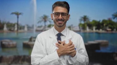 Beyaz laboratuvar önlüklü ve gözlüklü genç İspanyol bilim adamı kalabalık bir caddede kalp krizi geçirmek için göğsünü sıkıca kavradı..