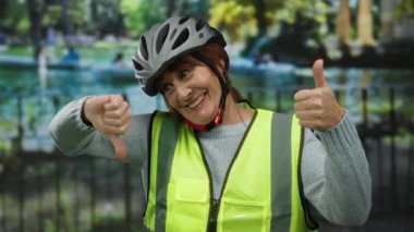 Kasklı ve yansıtıcı yelek giyen İspanyol kıdemli kadın güneşli bir park ortamında başparmak hareketleri yapıyor, güvenlik ve doğa karışımı..