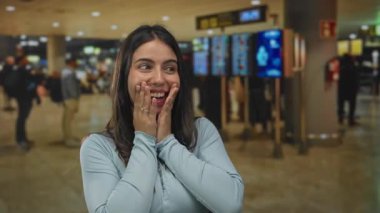 Genç İspanyol kadın gülümseyen ellerini havaalanı terminalinde yanaklarına koyar; sürpriz varış anı.