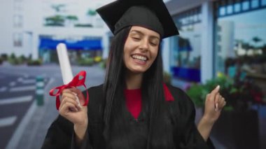 Şehir dışındaki mezuniyeti diploma ve mezuniyet şapkasıyla kutlayan akademik kıyafetli genç İspanyol bir kadın neşeyle gülümsüyor..
