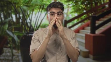 Yeşilliğe tepeden bakan bir merdivenin yanındaki modern bir binanın lobisinde elleri ağıza dolamış ve temiz bir sesle bağırıyor; acil uyarı uyarısı.