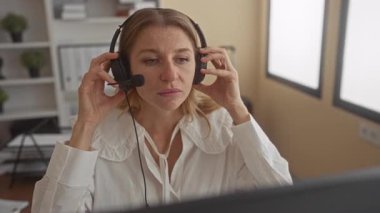 Ofis masasında kulaklık ve mikrofonu ayarlayan, elleri kulaklarına ve ağzına yakın olan, kulaklıkla konuşurken ve dinlerken bilgisayar monitörüne bakan bir kadın; konsantrasyon verimliliği.