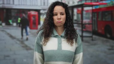 Kırmızı bir telefon kulübesi ve çift katlı otobüsün yanında üzgün bir ifadeyle dışarıda duran bir kadın kalabalık bir sokakta Londra 'nın görüntülerini yakalıyor. Duygu ve yaşam tarzını gösteriyor..