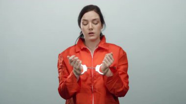 Gri arka plana kelepçelenmiş turuncu hapishane tulumlu bir kadın, düşünce ve ciddiyet ifadesi sergiliyor..