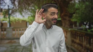 Beyaz gömlekli bir adam yeşil parkta bir patika boyunca bir taş balyaların yanında dururken kulağını kapar; merak.