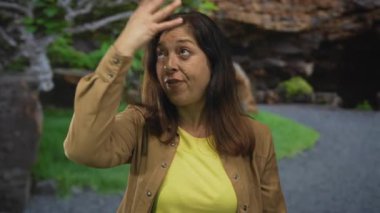 Sarı tişörtlü orta yaşlı İspanyol kadın yeşil çimlerin ve parktaki taş yolun yanında kolunu havada tutuyor..